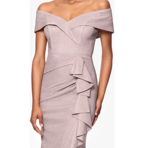 XSCAPE EVENINGS Blush / Silver Ruffle Off the Shoulder Foil Knit Trumpet Gown - Picture 3 of 11